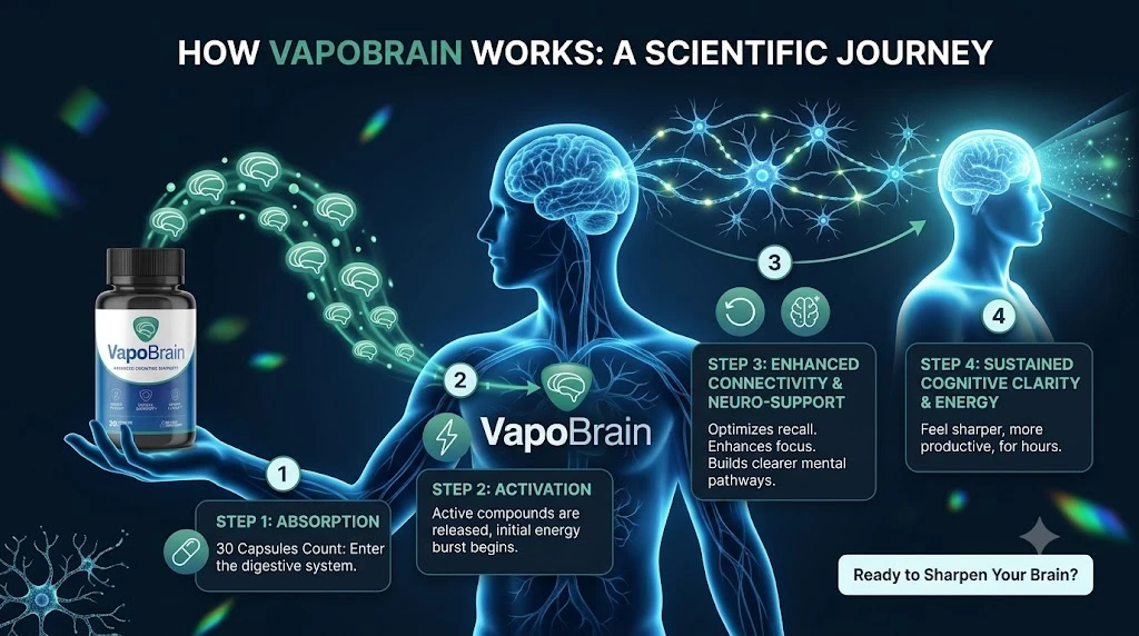 How VapoBrain works: absorption, activation, enhanced connectivity and sustained cognitive clarity, as shown in the vendor graphic